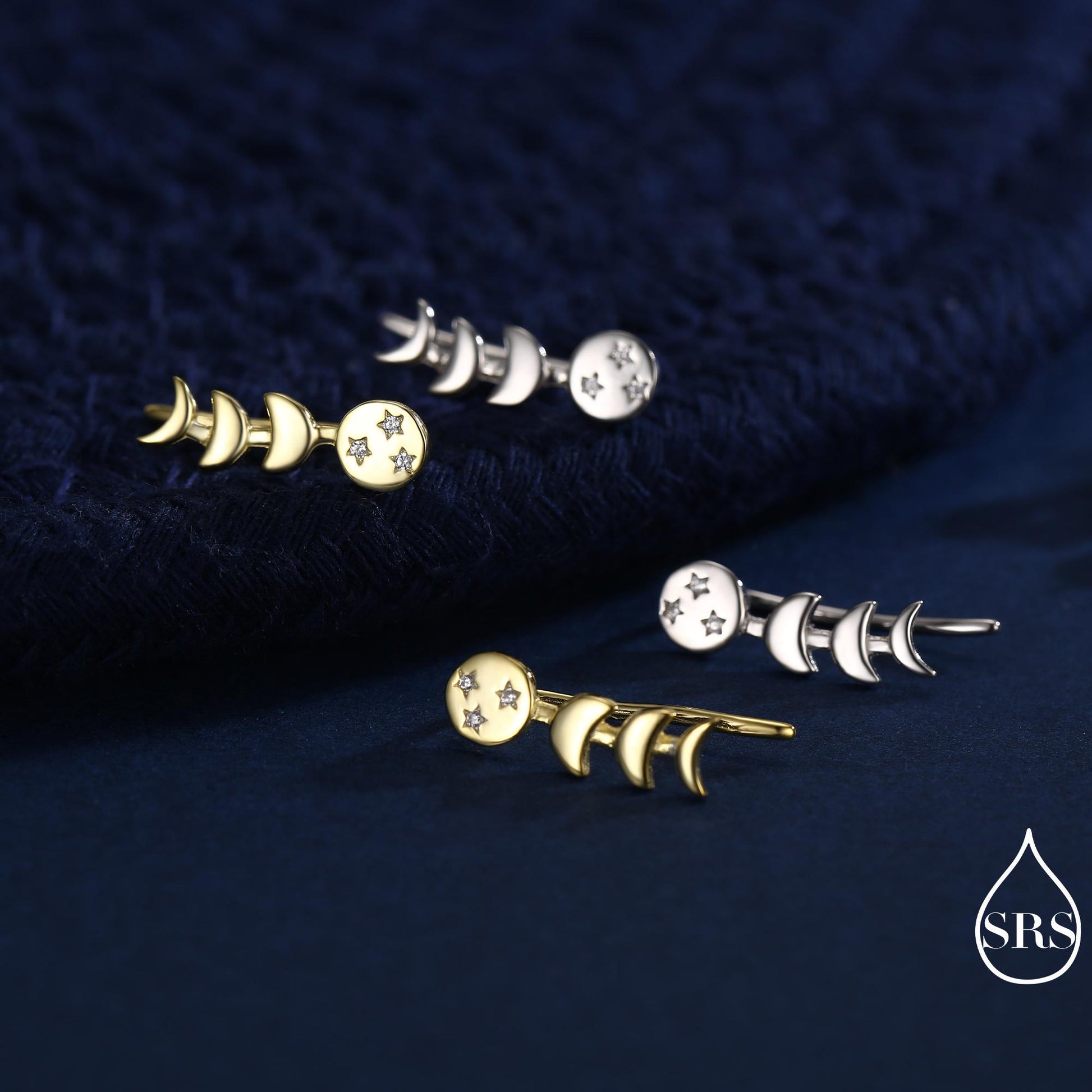Moon Phase Crawler Earrings in Sterling Silver, Silver or Gold, Moon and Star Earrings, Ear Climbers, Celestial Earrings