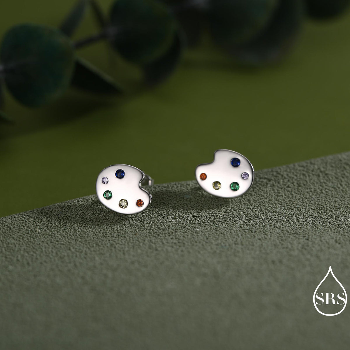 Paint Palette Stud Earrings in Sterling Silver with Multi Colour CZ Crystals, Silver or Gold, Artist's Palette