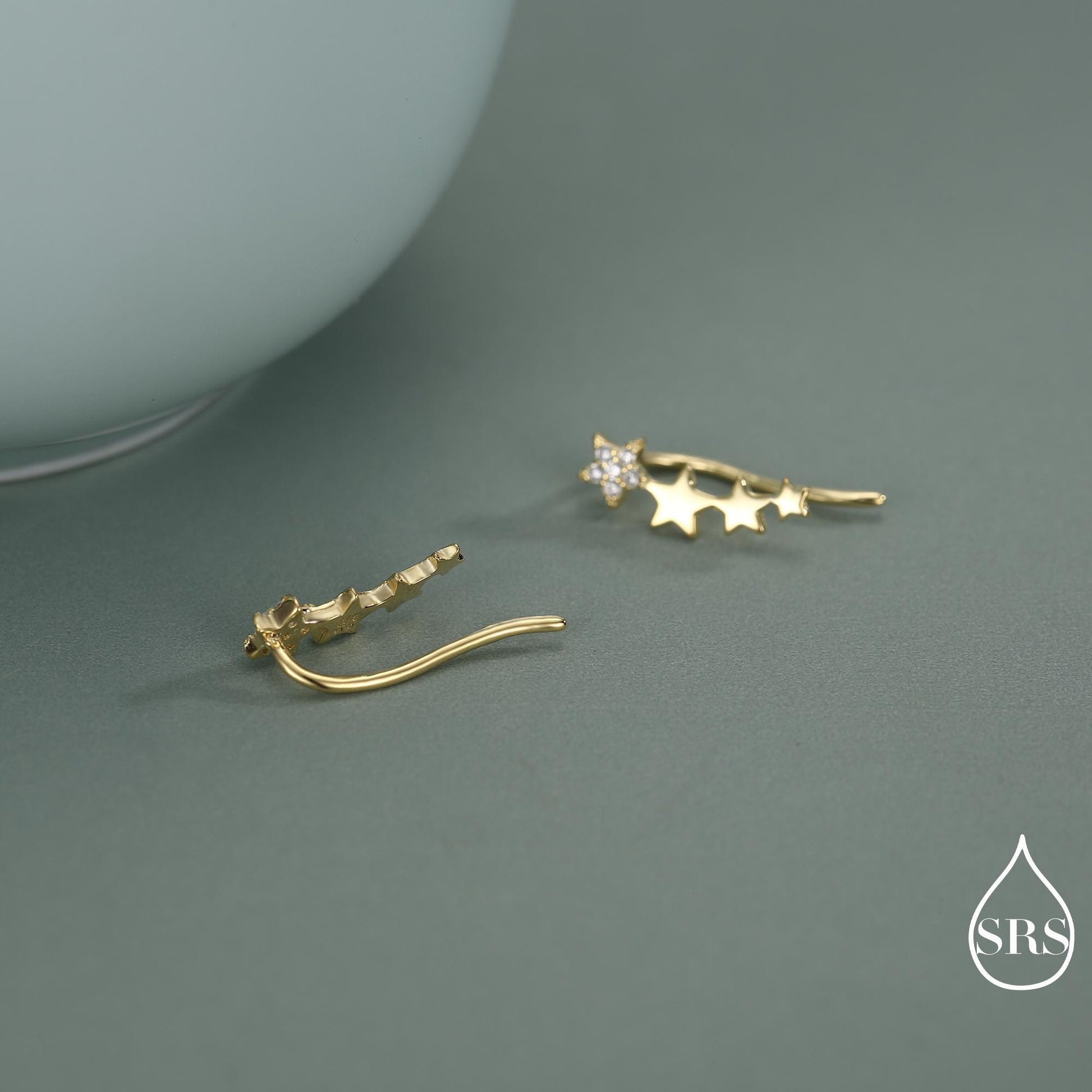 CZ Pave Star Crawler Earrings in Sterling Silver, Silver or Gold, Four Star Earrings, Ear Climbers, Celestial Earrings