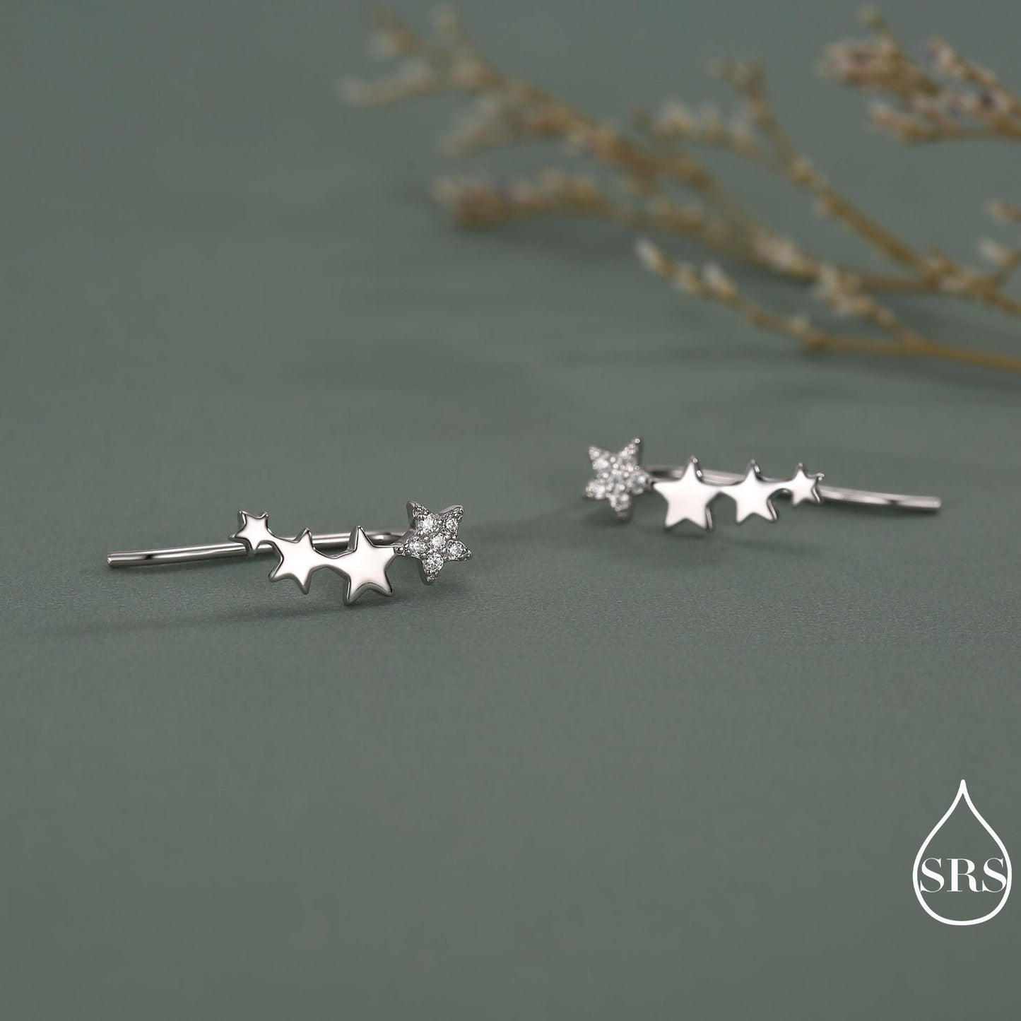 CZ Pave Star Crawler Earrings in Sterling Silver, Silver or Gold, Four Star Earrings, Ear Climbers, Celestial Earrings