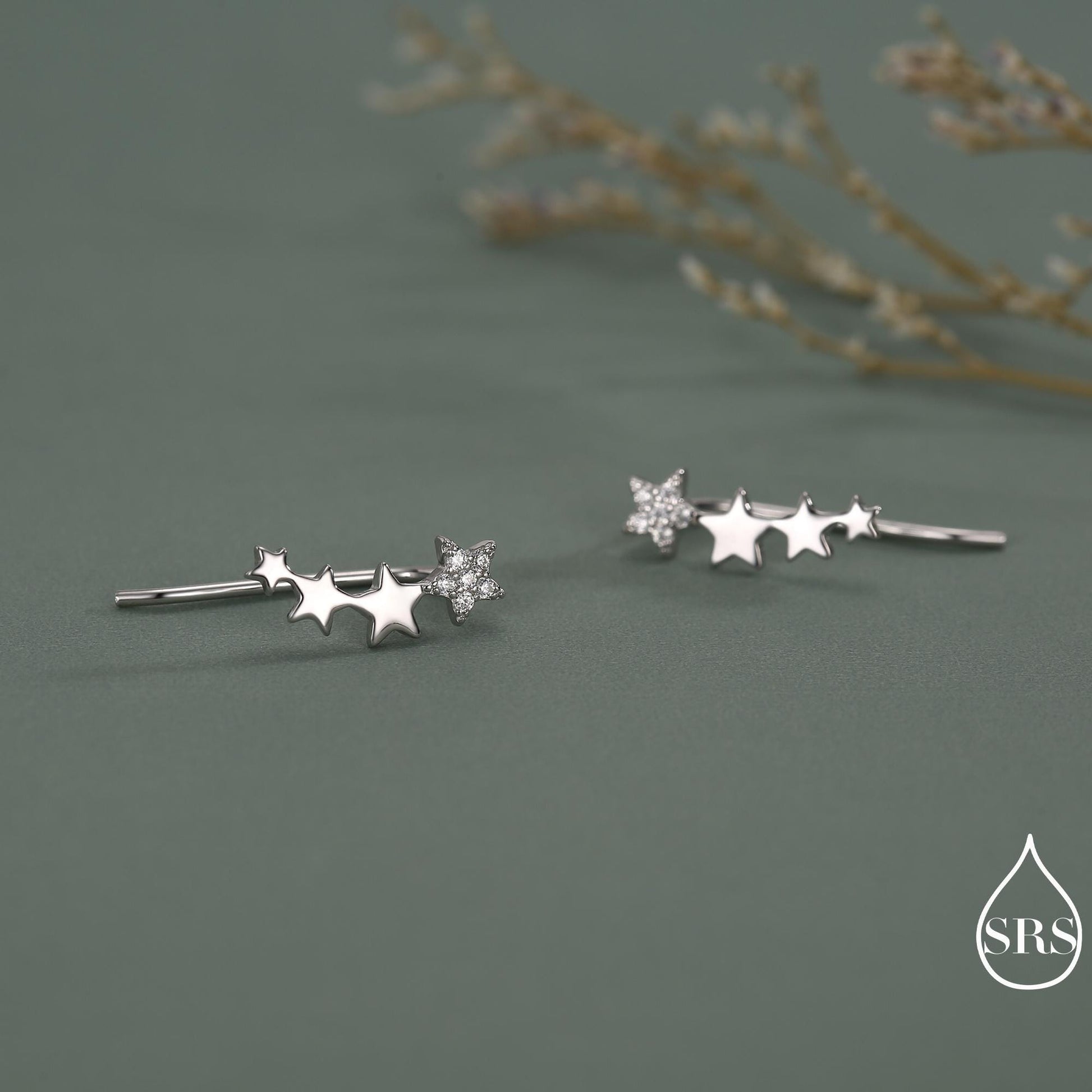 CZ Pave Star Crawler Earrings in Sterling Silver, Silver or Gold, Four Star Earrings, Ear Climbers, Celestial Earrings