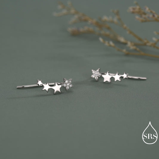 CZ Pave Star Crawler Earrings in Sterling Silver, Silver or Gold, Four Star Earrings, Ear Climbers, Celestial Earrings