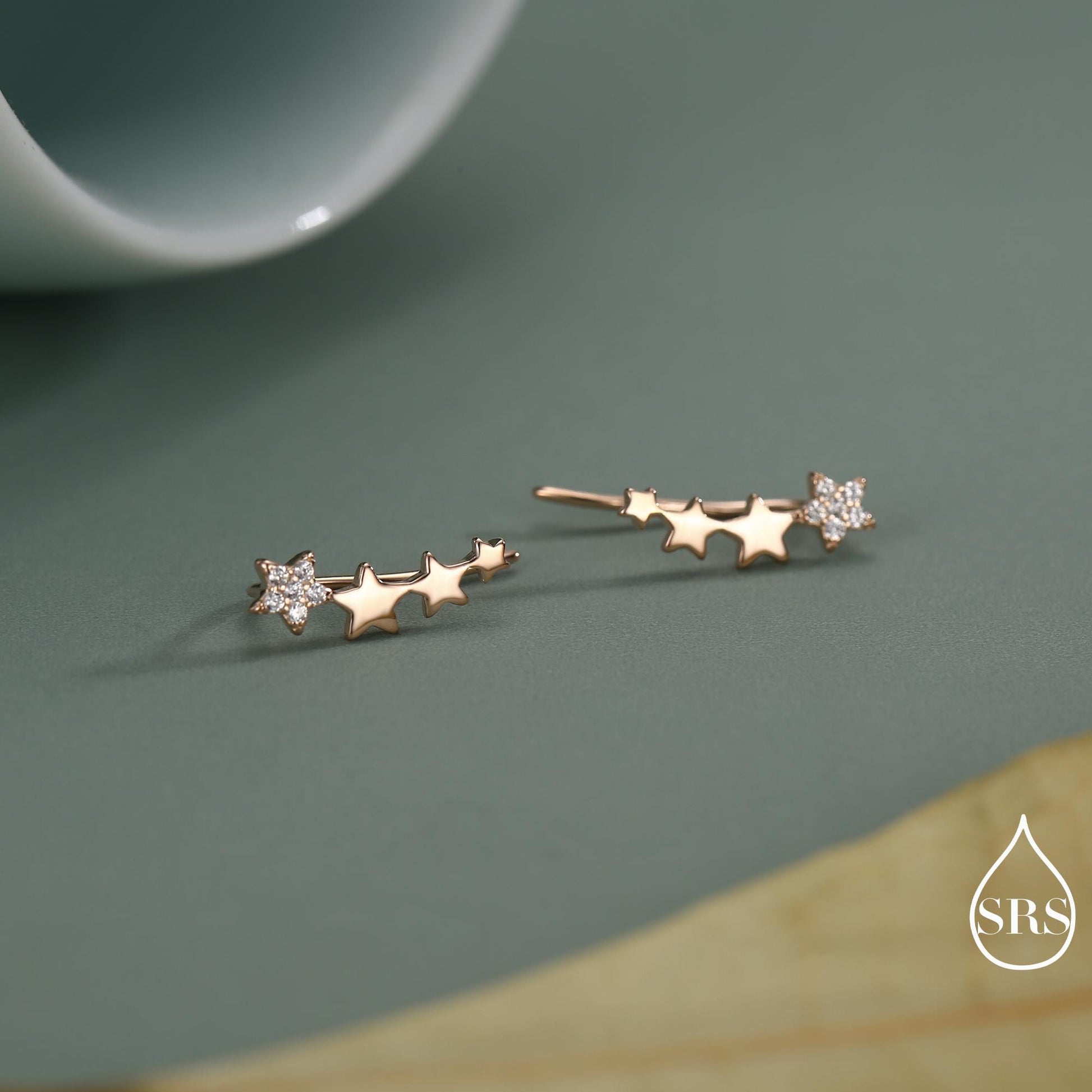 CZ Pave Star Crawler Earrings in Sterling Silver, Silver or Gold, Four Star Earrings, Ear Climbers, Celestial Earrings