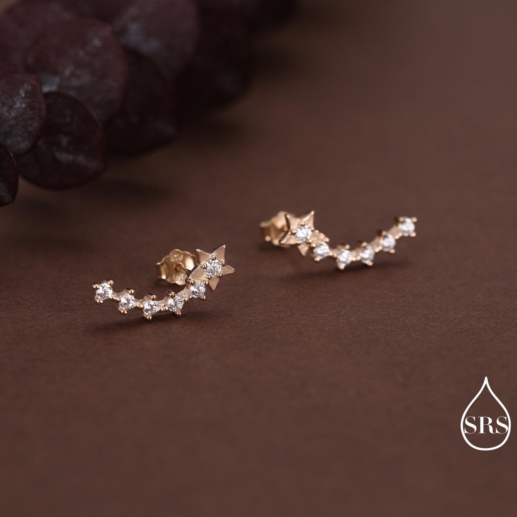 Sterling Silver Shooting Star Dainty Ear Crawler Stud Earrings, Silver, Gold and Rose Gold, Curved Bar with CZ Crystals