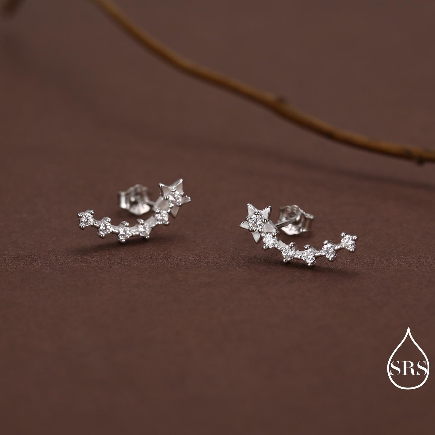 Sterling Silver Shooting Star Dainty Ear Crawler Stud Earrings, Silver, Gold and Rose Gold, Curved Bar with CZ Crystals