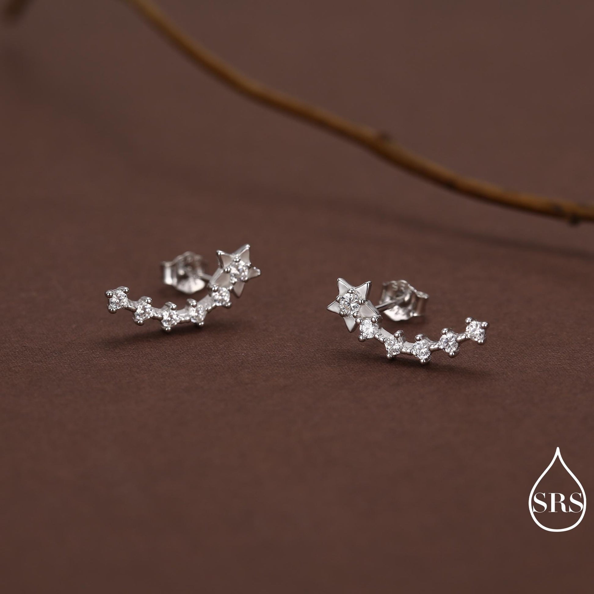 Sterling Silver Shooting Star Dainty Ear Crawler Stud Earrings, Silver, Gold and Rose Gold, Curved Bar with CZ Crystals