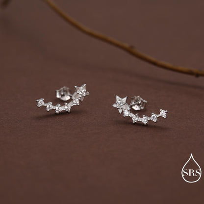 Sterling Silver Shooting Star Dainty Ear Crawler Stud Earrings, Silver, Gold and Rose Gold, Curved Bar with CZ Crystals