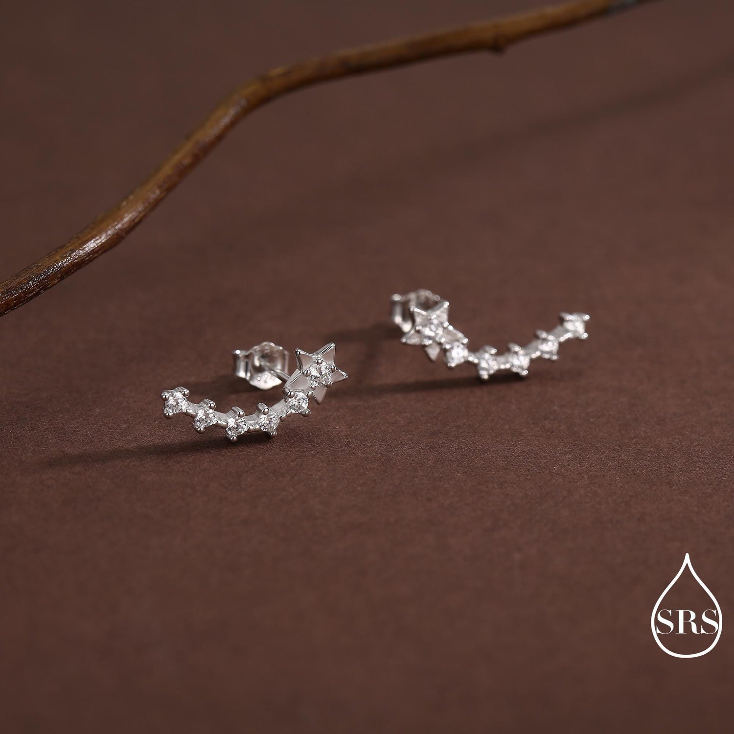 Sterling Silver Shooting Star Dainty Ear Crawler Stud Earrings, Silver, Gold and Rose Gold, Curved Bar with CZ Crystals