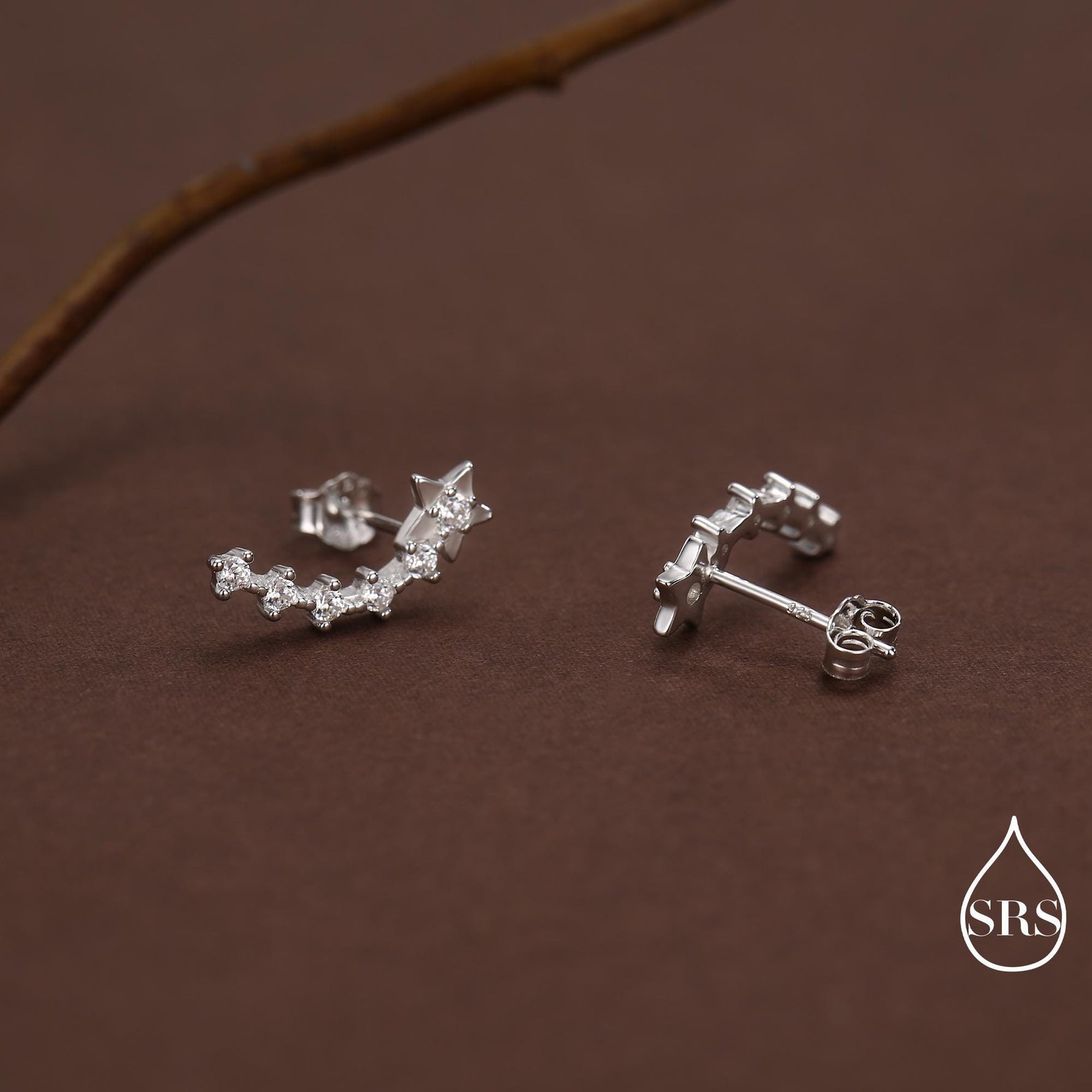 Sterling Silver Shooting Star Dainty Ear Crawler Stud Earrings, Silver, Gold and Rose Gold, Curved Bar with CZ Crystals