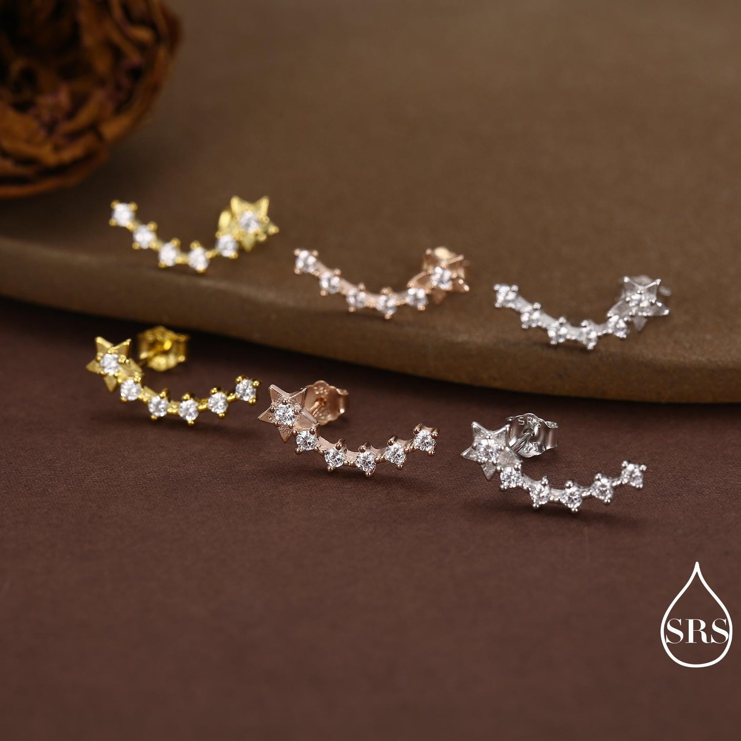 Sterling Silver Shooting Star Dainty Ear Crawler Stud Earrings, Silver, Gold and Rose Gold, Curved Bar with CZ Crystals