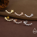 Sterling Silver Shooting Star Dainty Ear Crawler Stud Earrings, Silver, Gold and Rose Gold, Curved Bar with CZ Crystals