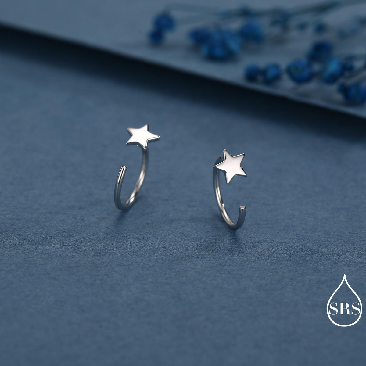 Tiny Star Huggie Hoop Earrings in Sterling Silver, Star Pull Through Earrings, Half Hoop Earrings, Open Hoop, Silver or Gold