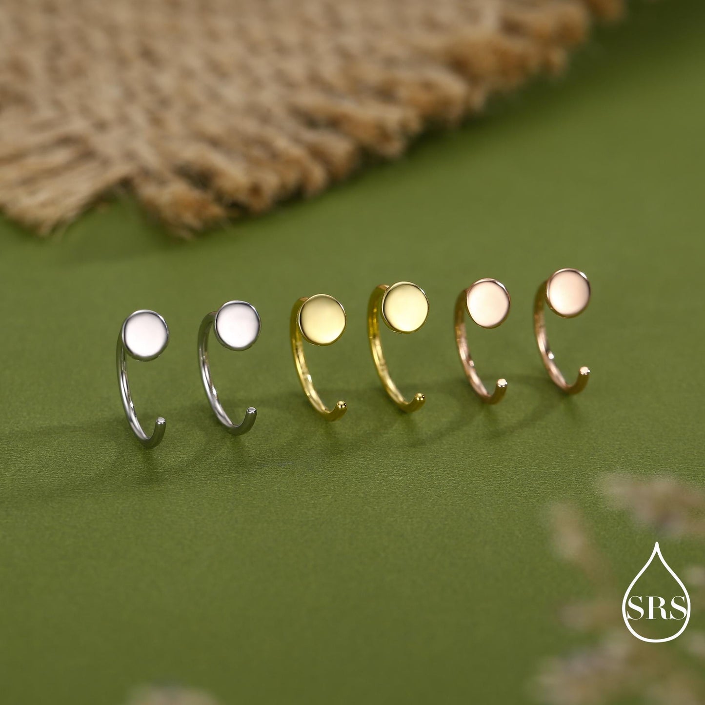 Tiny Dot Huggie Hoop Earrings in Sterling Silver, Circle Earrings, Open Hoop Earrings, Pull-Through Threader Earrings, Half Hoop Earrings