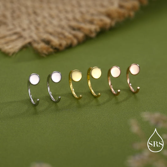 Tiny Dot Huggie Hoop Earrings in Sterling Silver, Circle Earrings, Open Hoop Earrings, Pull-Through Threader Earrings, Half Hoop Earrings