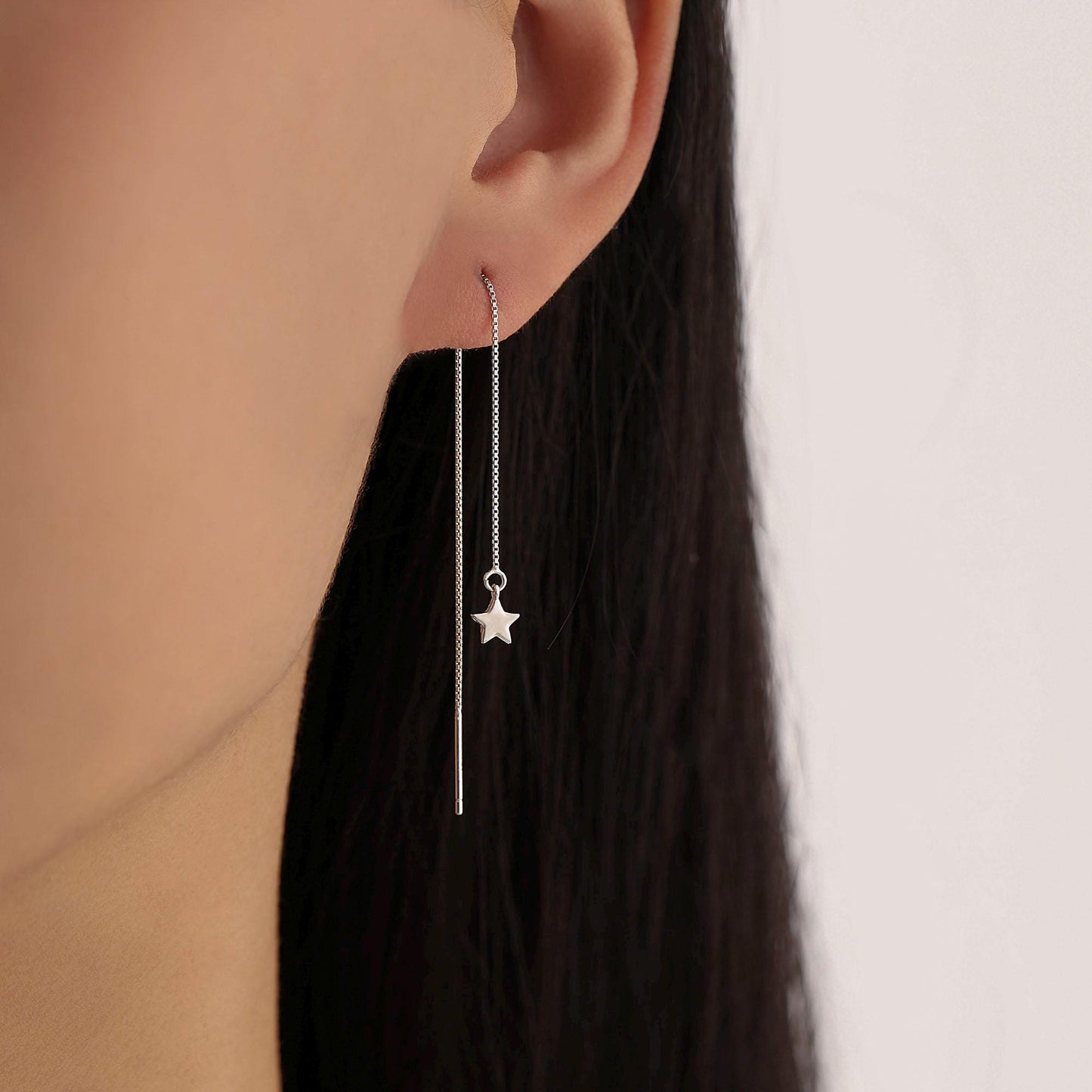 Moon and Star Threader Earrings in Sterling Silver, Silver or Gold, Crescent Moon Ear Threaders, 10cm long threaders, Double Piecing