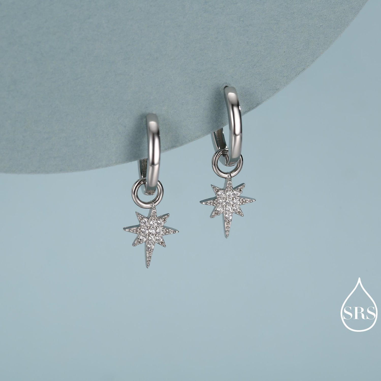 Sterling Silver Starburst North Star Hoop Earrings, Detachable Charm Hoop Earrings, Silver, Gold, Rose Gold, Interchangeable and detachable
