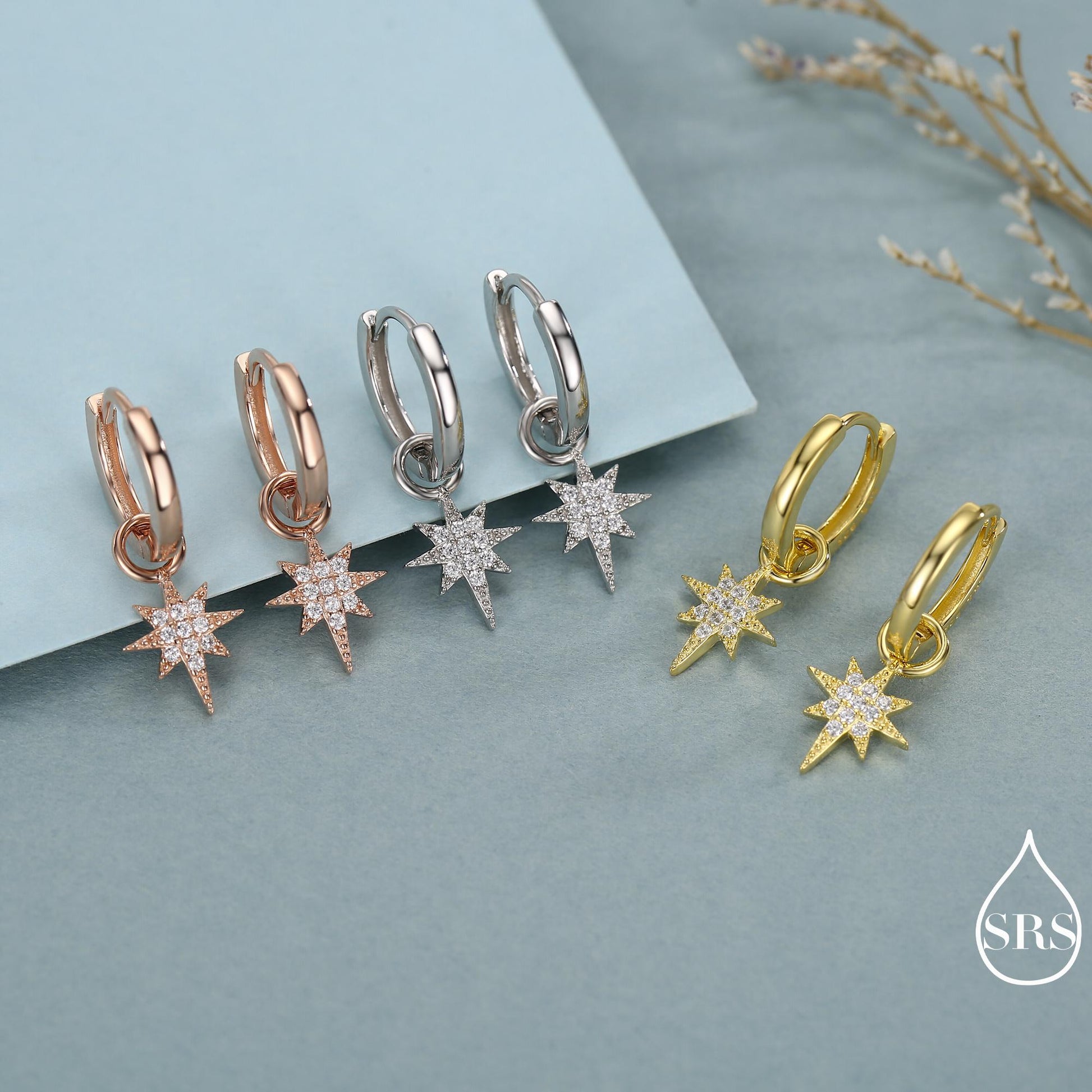 Sterling Silver Starburst North Star Hoop Earrings, Detachable Charm Hoop Earrings, Silver, Gold, Rose Gold, Interchangeable and detachable