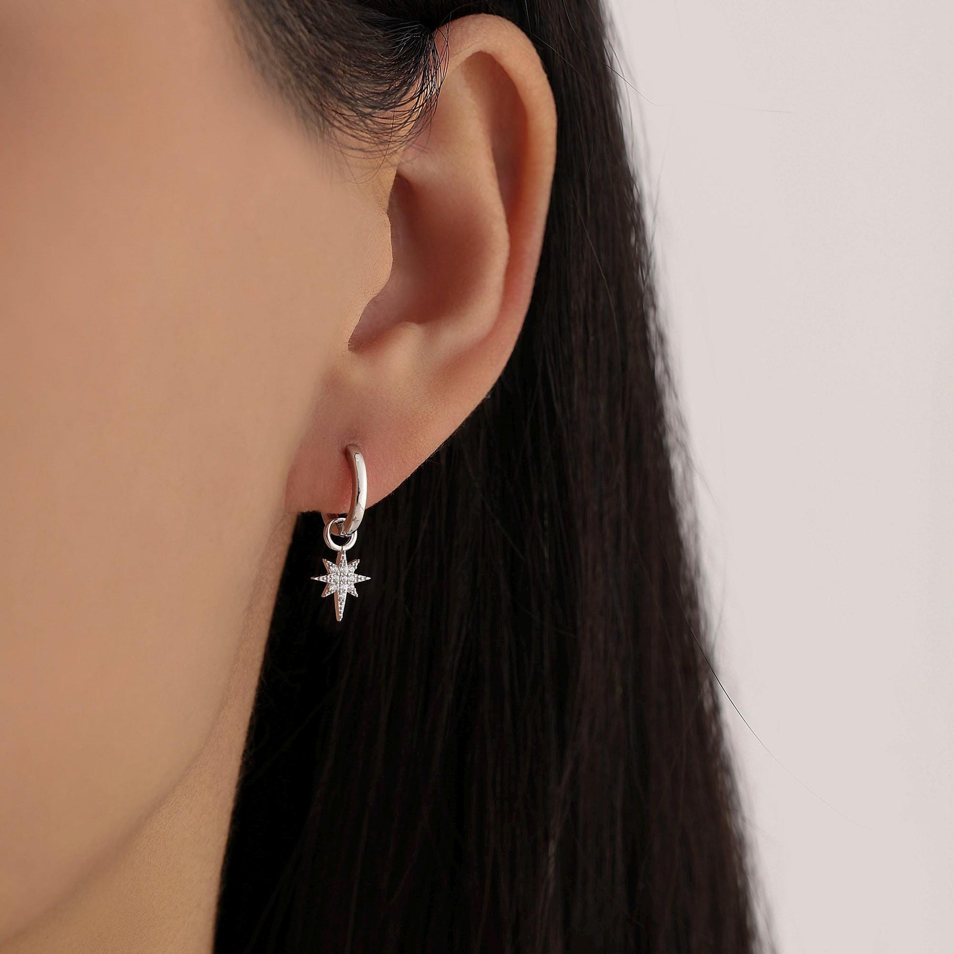 Sterling Silver Starburst North Star Hoop Earrings, Detachable Charm Hoop Earrings, Silver, Gold, Rose Gold, Interchangeable and detachable