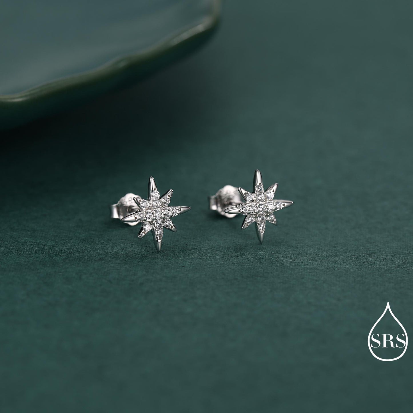 Starburst Stud Earrings in Sterling Silver with Sparkly CZ Crystals, Dainty and Delicate Earrings, Celestial Jewellery