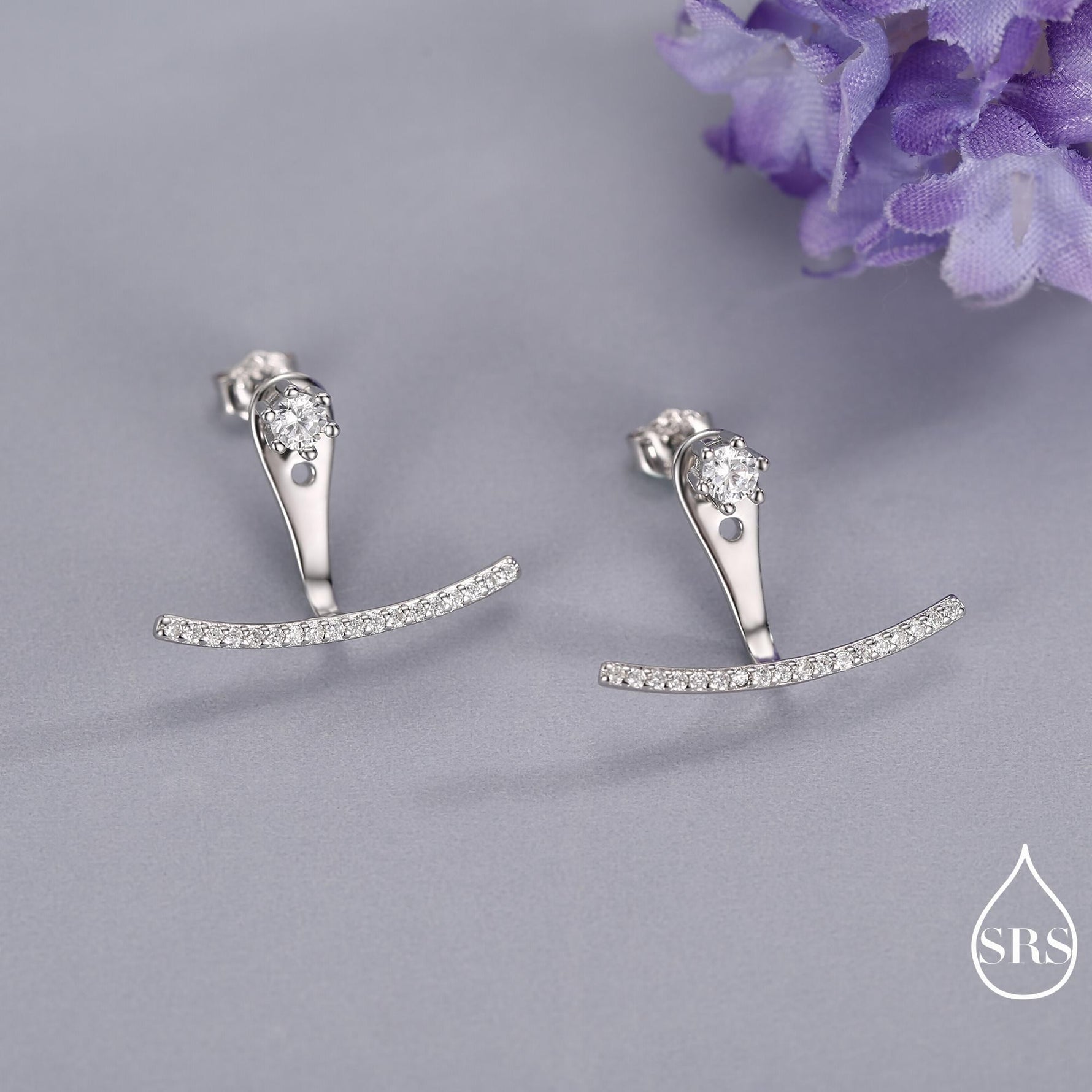 Sterling Silver Front and Back Stud Earrings Ear Jackets with Sparkly Crystals, Curved Bar Crawler Jacket Earrings