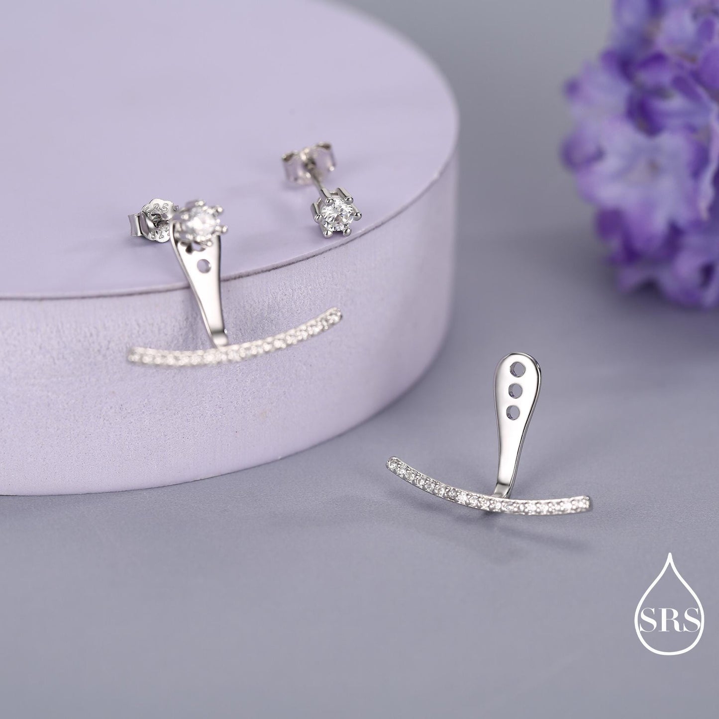 Sterling Silver Front and Back Stud Earrings Ear Jackets with Sparkly Crystals, Curved Bar Crawler Jacket Earrings