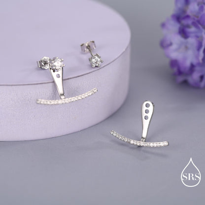 Sterling Silver Front and Back Stud Earrings Ear Jackets with Sparkly Crystals, Curved Bar Crawler Jacket Earrings