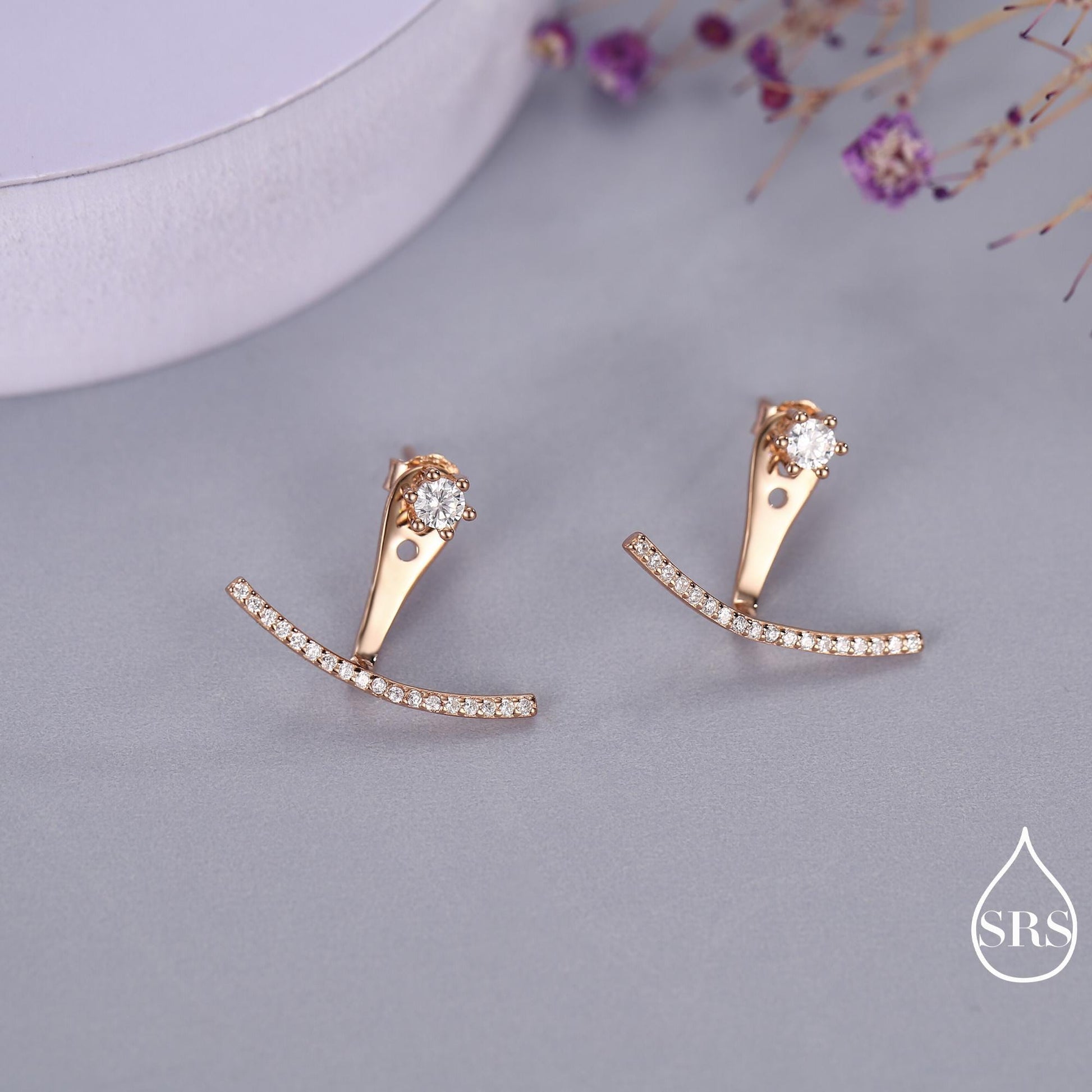 Sterling Silver Front and Back Stud Earrings Ear Jackets with Sparkly Crystals, Curved Bar Crawler Jacket Earrings