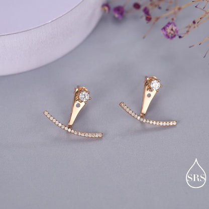 Sterling Silver Front and Back Stud Earrings Ear Jackets with Sparkly Crystals, Curved Bar Crawler Jacket Earrings