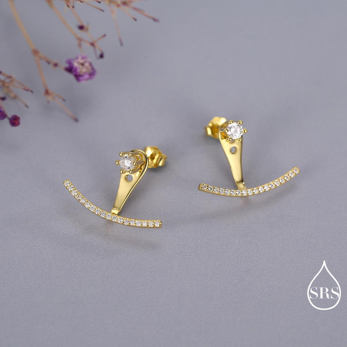 Sterling Silver Front and Back Stud Earrings Ear Jackets with Sparkly Crystals, Curved Bar Crawler Jacket Earrings