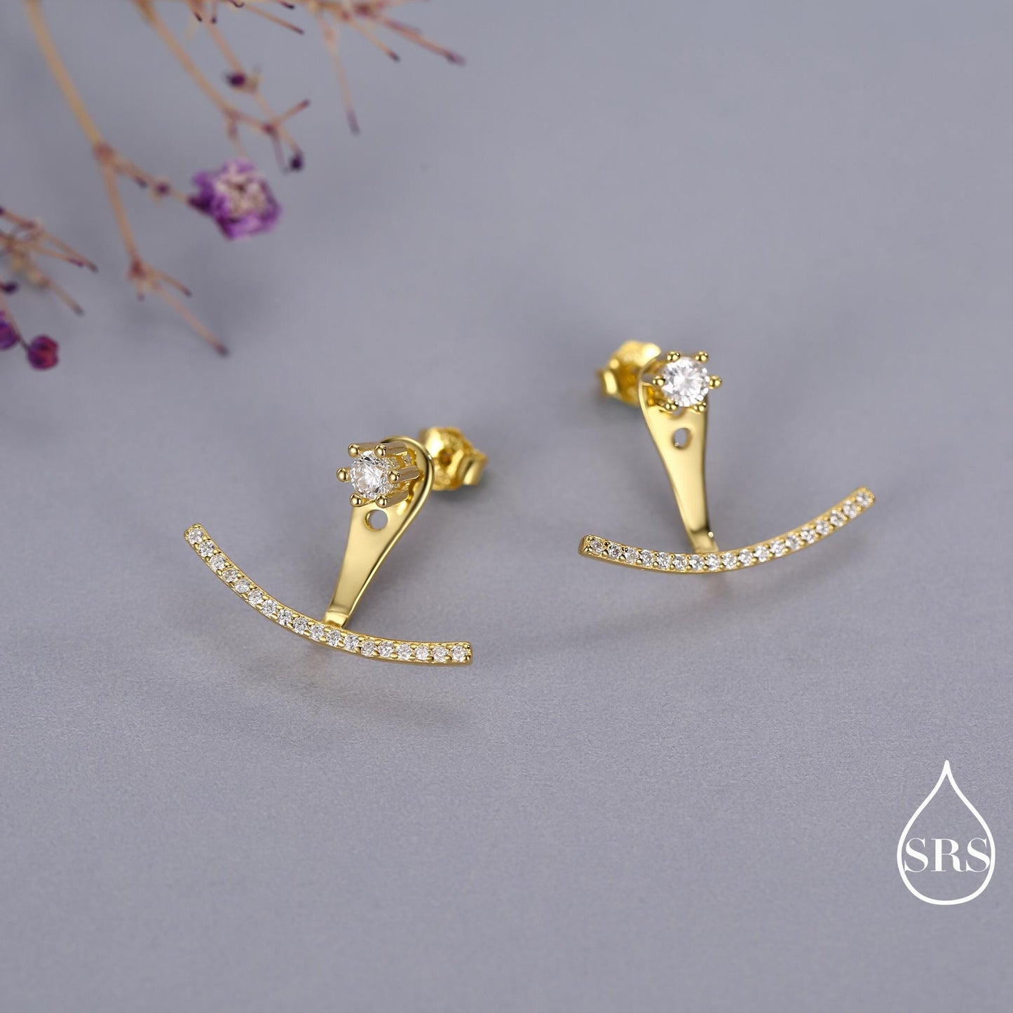 Sterling Silver Front and Back Stud Earrings Ear Jackets with Sparkly Crystals, Curved Bar Crawler Jacket Earrings