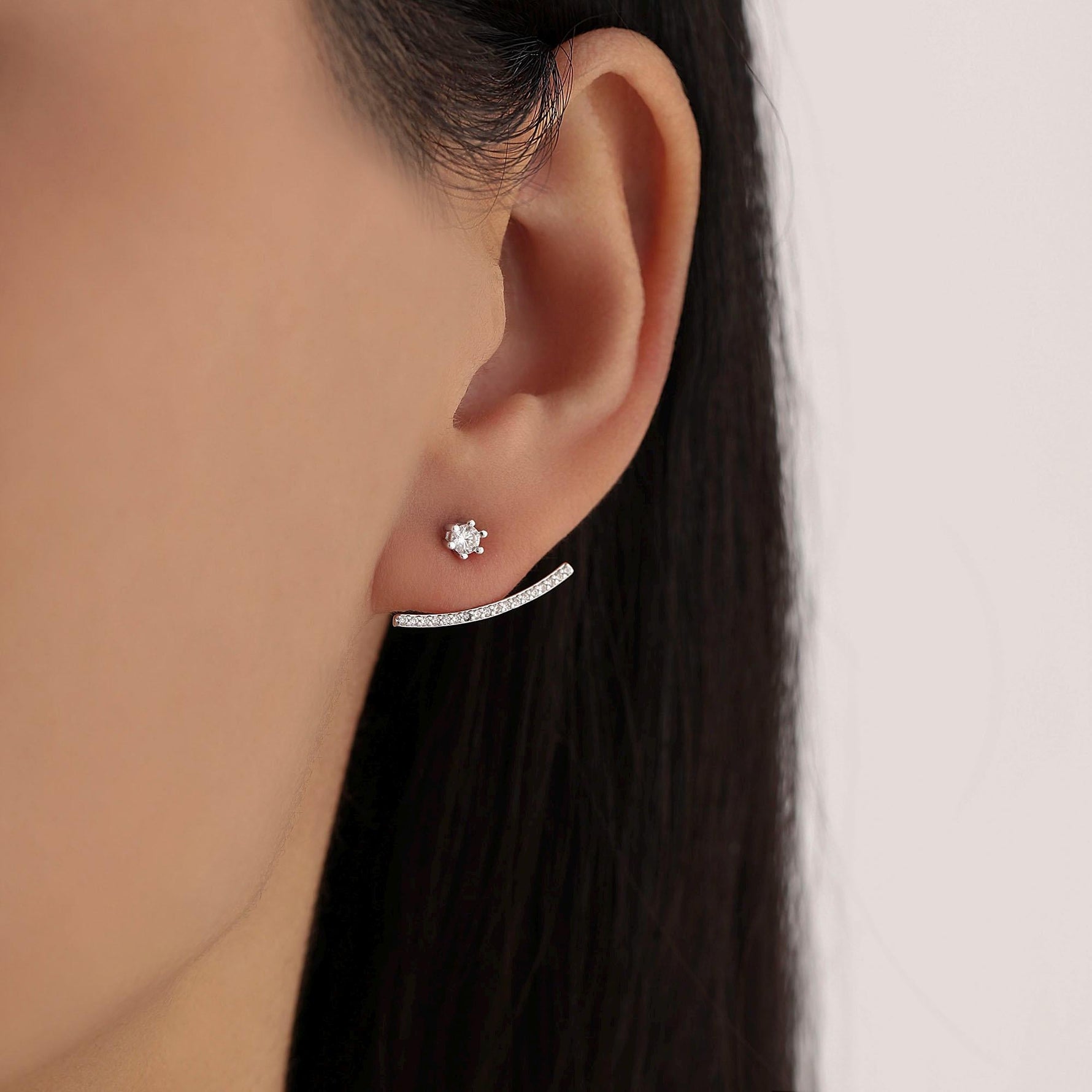 Sterling Silver Front and Back Stud Earrings Ear Jackets with Sparkly Crystals, Curved Bar Crawler Jacket Earrings