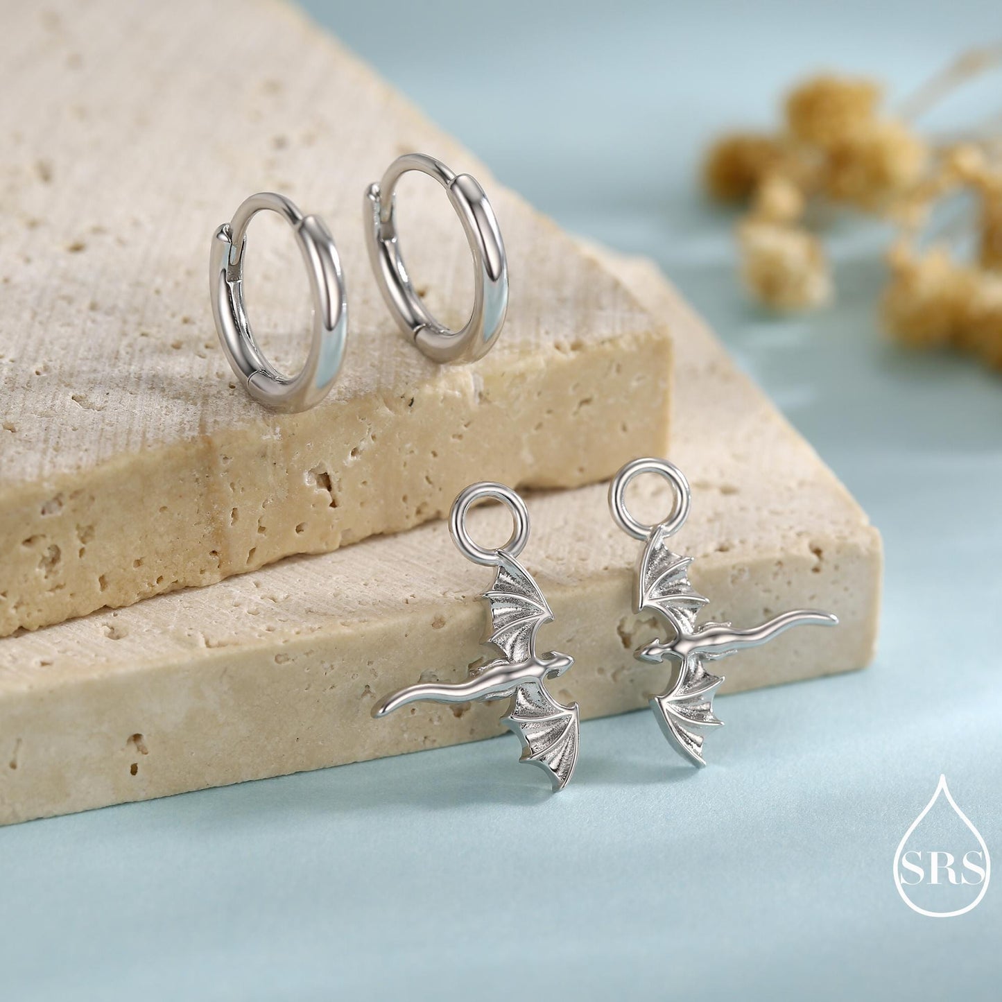 Tiny Flying Dragon Huggie Hoop in Sterling Silver, Silver, Gold or Rose Gold, Dagon Dangle Hoop Earrings, Detachable and Interchangeable