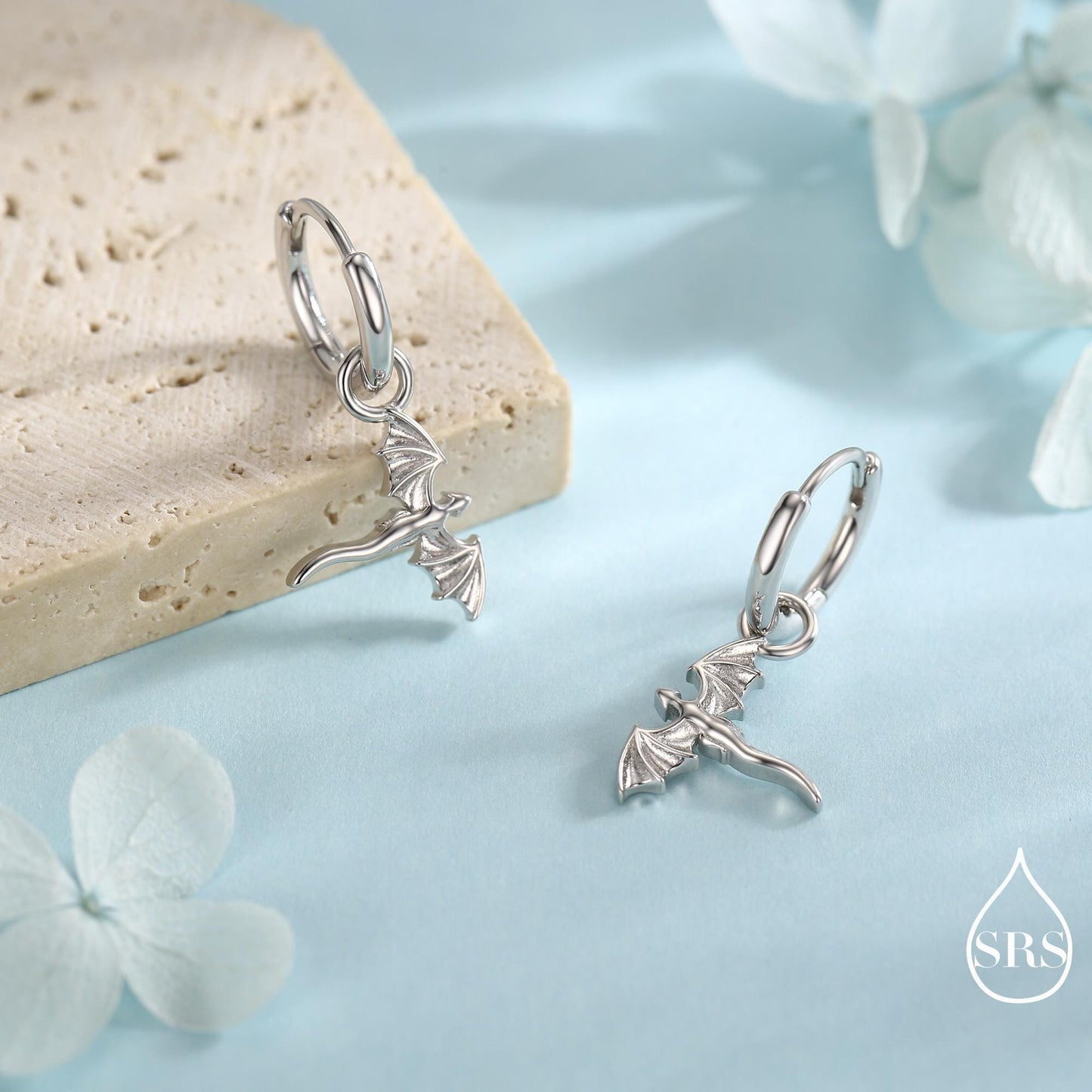 Tiny Flying Dragon Huggie Hoop in Sterling Silver, Silver, Gold or Rose Gold, Dagon Dangle Hoop Earrings, Detachable and Interchangeable