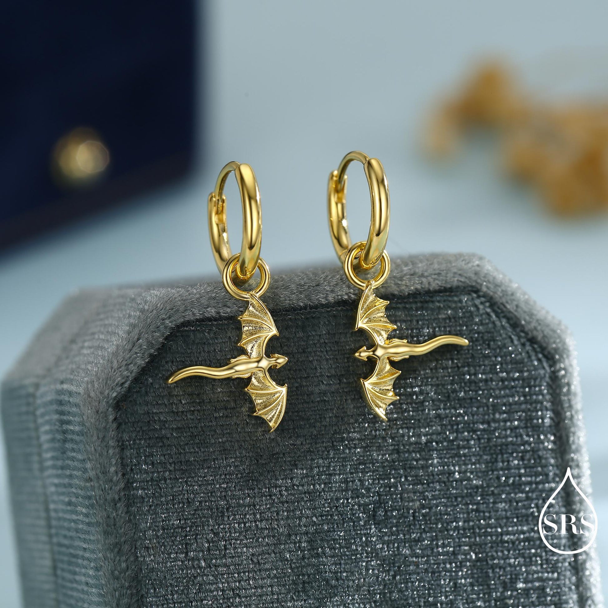 Tiny Flying Dragon Huggie Hoop in Sterling Silver, Silver, Gold or Rose Gold, Dagon Dangle Hoop Earrings, Detachable and Interchangeable