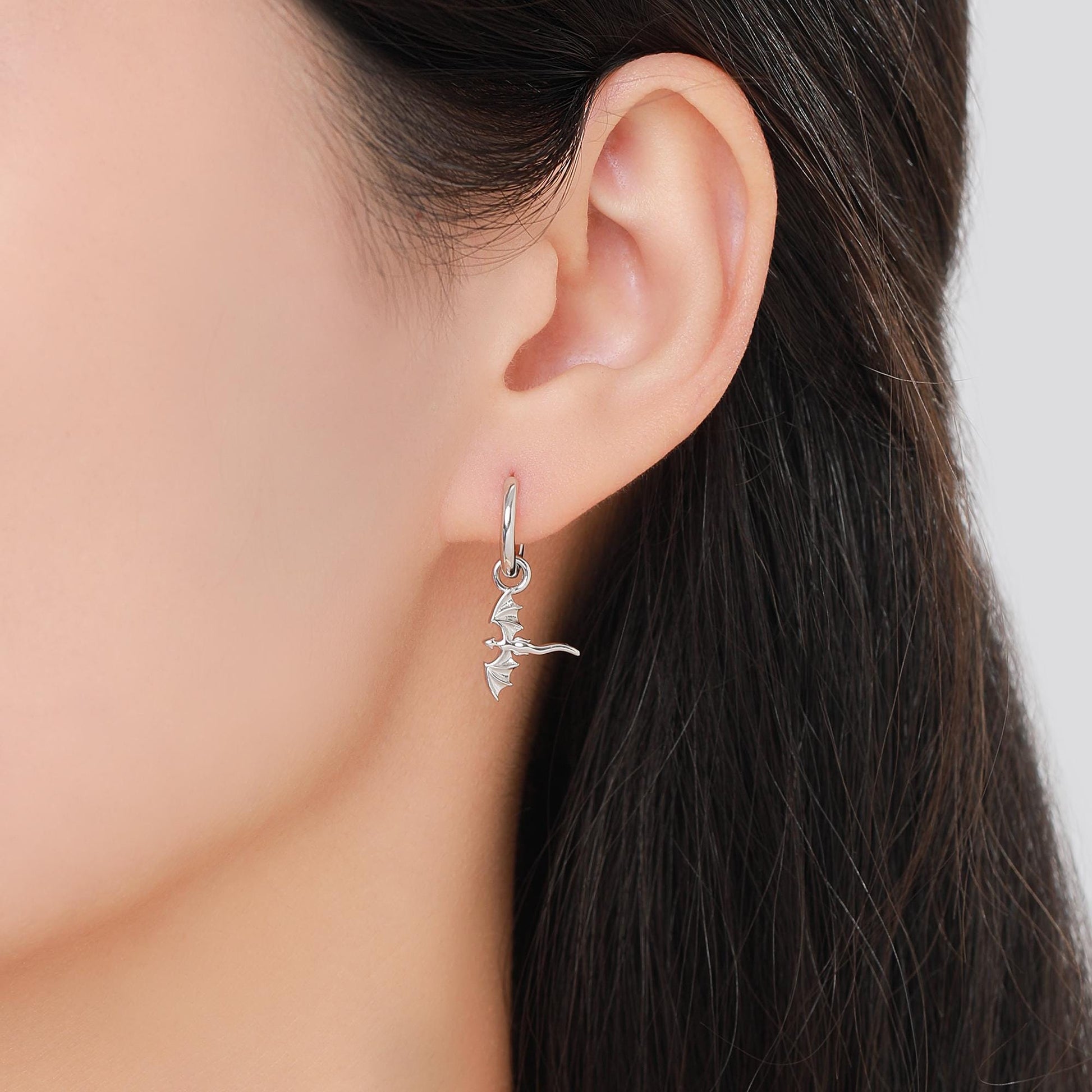 Tiny Flying Dragon Huggie Hoop in Sterling Silver, Silver, Gold or Rose Gold, Dagon Dangle Hoop Earrings, Detachable and Interchangeable