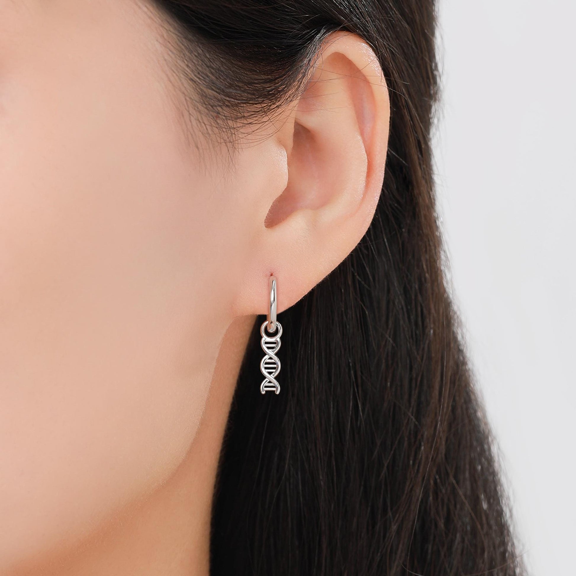 DNA Molecule Huggie Hoop in Sterling Silver, Silver, Gold or Rose Gold Finish, Science Dangle Hoop Earrings, Detachable and Interchangeable