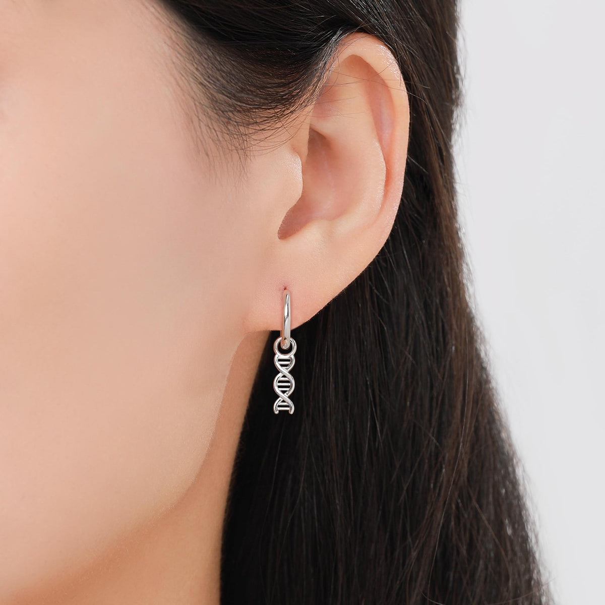 DNA Molecule Huggie Hoop in Sterling Silver, Silver, Gold or Rose Gold Finish, Science Dangle Hoop Earrings, Detachable and Interchangeable