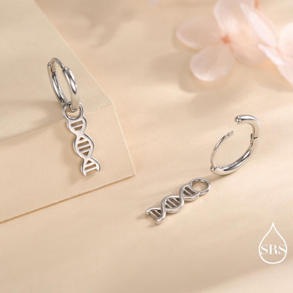 DNA Molecule Huggie Hoop in Sterling Silver, Silver, Gold or Rose Gold Finish, Science Dangle Hoop Earrings, Detachable and Interchangeable