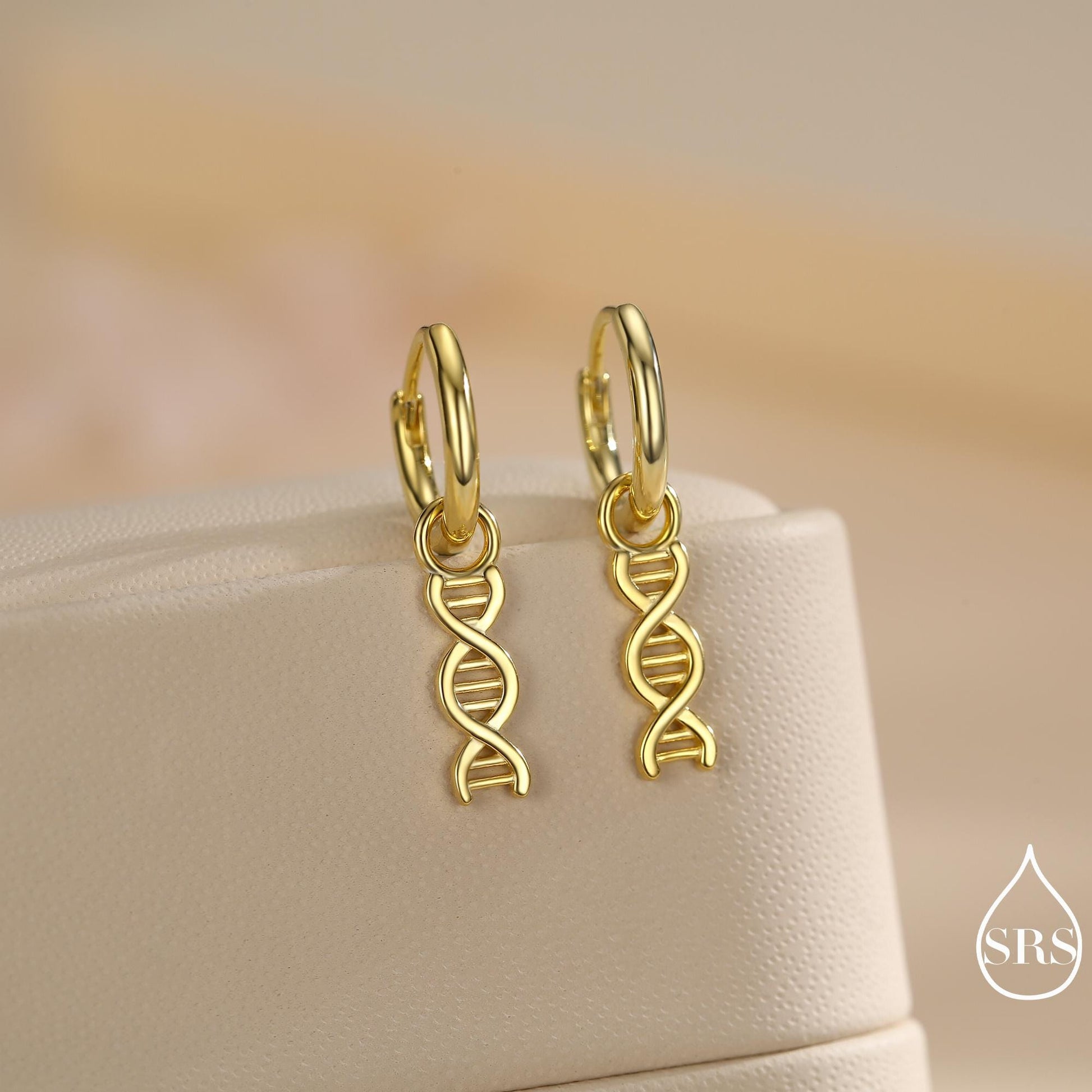 DNA Molecule Huggie Hoop in Sterling Silver, Silver, Gold or Rose Gold Finish, Science Dangle Hoop Earrings, Detachable and Interchangeable