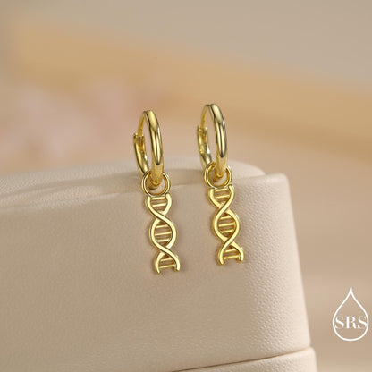 DNA Molecule Huggie Hoop in Sterling Silver, Silver, Gold or Rose Gold Finish, Science Dangle Hoop Earrings, Detachable and Interchangeable