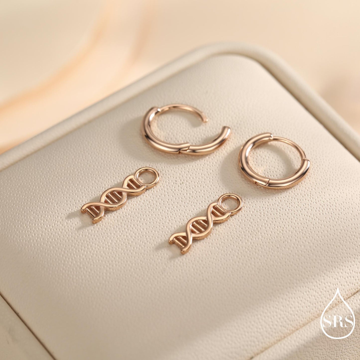 DNA Molecule Huggie Hoop in Sterling Silver, Silver, Gold or Rose Gold Finish, Science Dangle Hoop Earrings, Detachable and Interchangeable