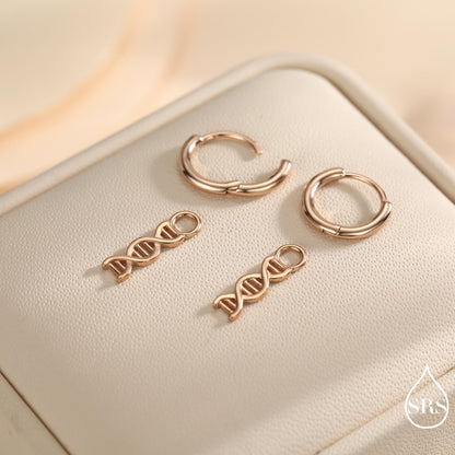 DNA Molecule Huggie Hoop in Sterling Silver, Silver, Gold or Rose Gold Finish, Science Dangle Hoop Earrings, Detachable and Interchangeable