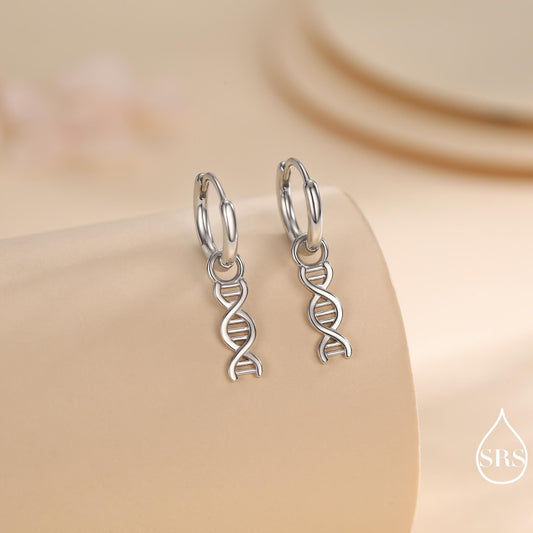 DNA Molecule Huggie Hoop in Sterling Silver, Silver, Gold or Rose Gold Finish, Science Dangle Hoop Earrings, Detachable and Interchangeable