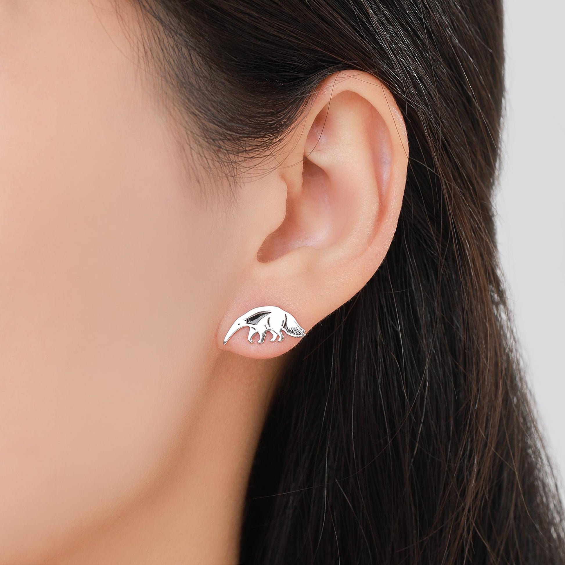 Sterling Silver Ant Eater Stud Earrings | Minimalist Animal Studs | Silver, Gold or Rose Gold Finish