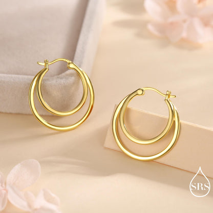 Single Piercing Double Large Hoop Earrings in Sterling Silver, Silver, Gold or Rose Gold Finish, Large Hoops, Silver Chunky Hoops