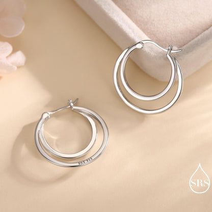 Single Piercing Double Large Hoop Earrings in Sterling Silver, Silver, Gold or Rose Gold Finish, Large Hoops, Silver Chunky Hoops