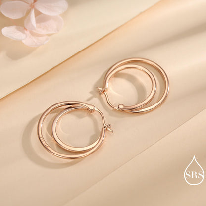 Single Piercing Double Large Hoop Earrings in Sterling Silver, Silver, Gold or Rose Gold Finish, Large Hoops, Silver Chunky Hoops