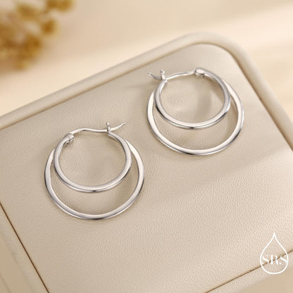 Single Piercing Double Large Hoop Earrings in Sterling Silver, Silver, Gold or Rose Gold Finish, Large Hoops, Silver Chunky Hoops