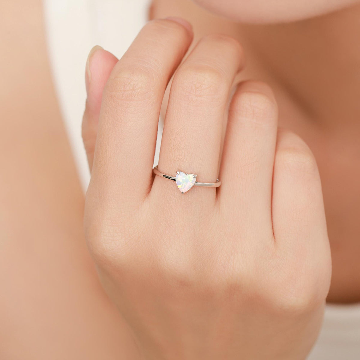 Fire Opal Heart Ring in Sterling Silver, Adjustable Size Opal Ring, Prong Set, Lab Opal Stone Ring, Opal Ring, Delicate Stacking Ring