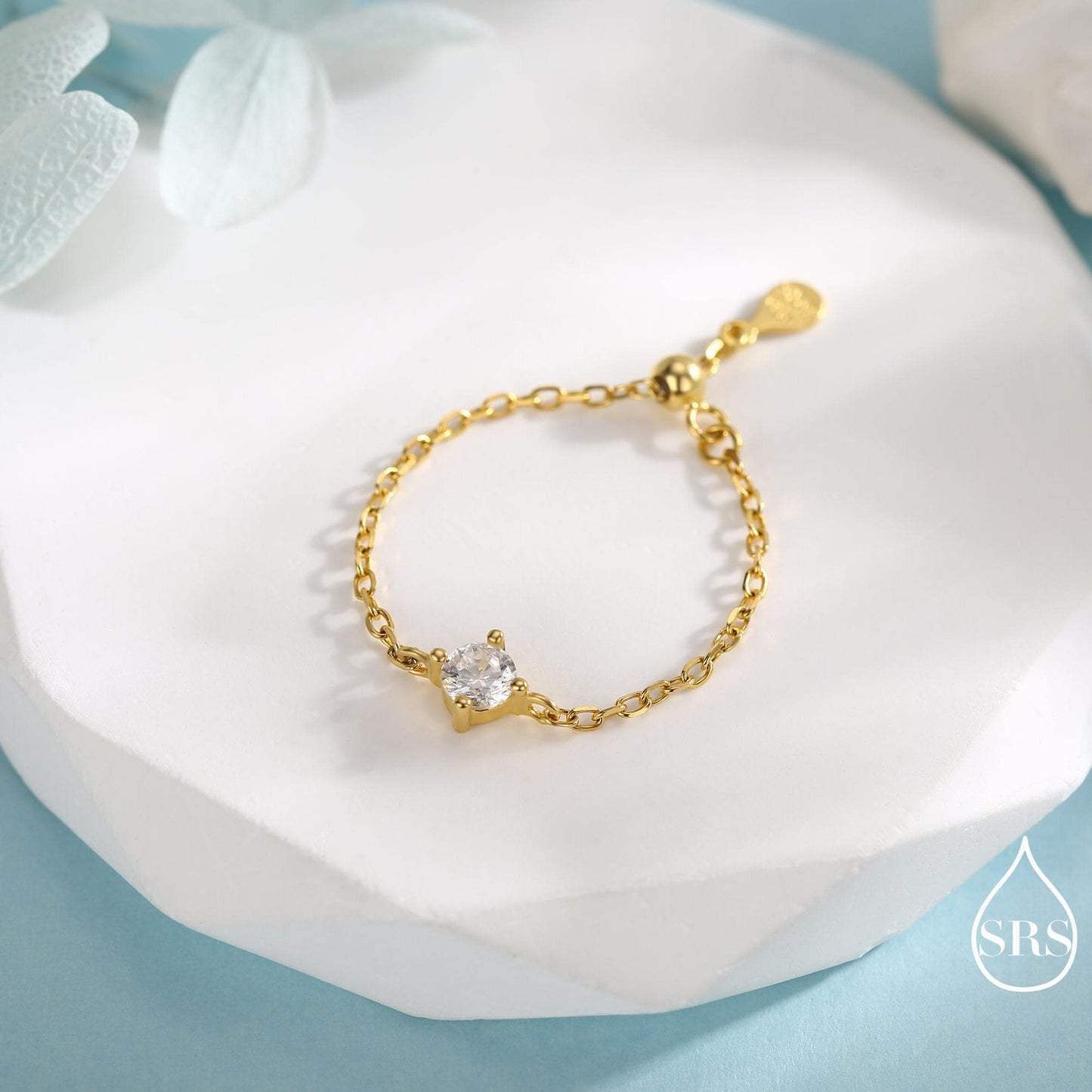 Sterling Silver Sparkly CZ Soft Chain Ring, Adjustable Size Crystal Chain Ring, Silver or Gold Finish, Soft chain Ring in Sterling Silver